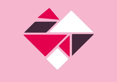 Tangram heart on pink background.