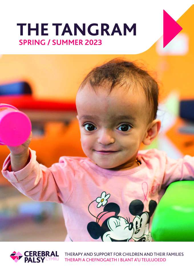 Screenshot of Tangram Newsletter, Spring / Summer 2023. Photograph shows baby girl holding a toy up whilst looking at the camera and smiling.