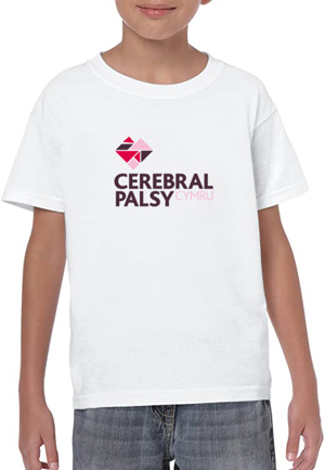 Photograph of our branded kid's t-shirt. (White with Cerebral Palsy Cymru Logo).