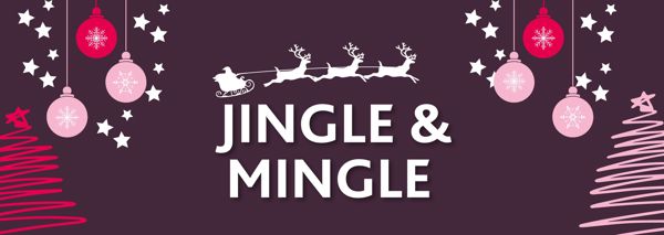 Event banner with santa's sleigh. Purple background with pink and red trees and balubles. Text reads JINGLE & MINGLE.