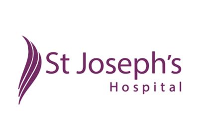 St Joseph's Hospital logo, purple text against a white background, with a purple graphic on the left.