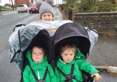 Photographs of two baby twins in a buggy, with a young girl behind them.