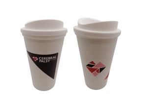 Photograph of front and back of Cerebral Palsy Cymru branded coffee cup.