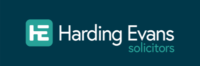 Harding Evans Solicitors Logo. White and light blue text against a darker blue background.