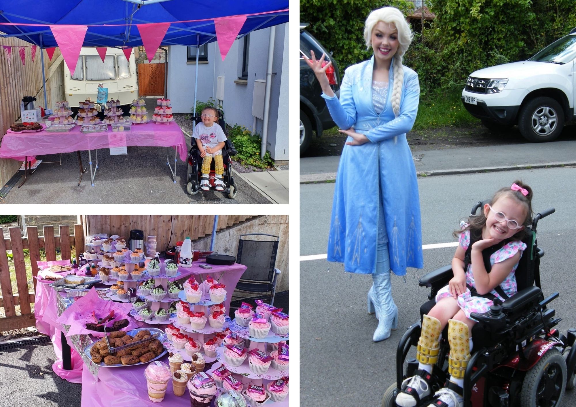 Little girl in a wheelchair next to cakes for sale