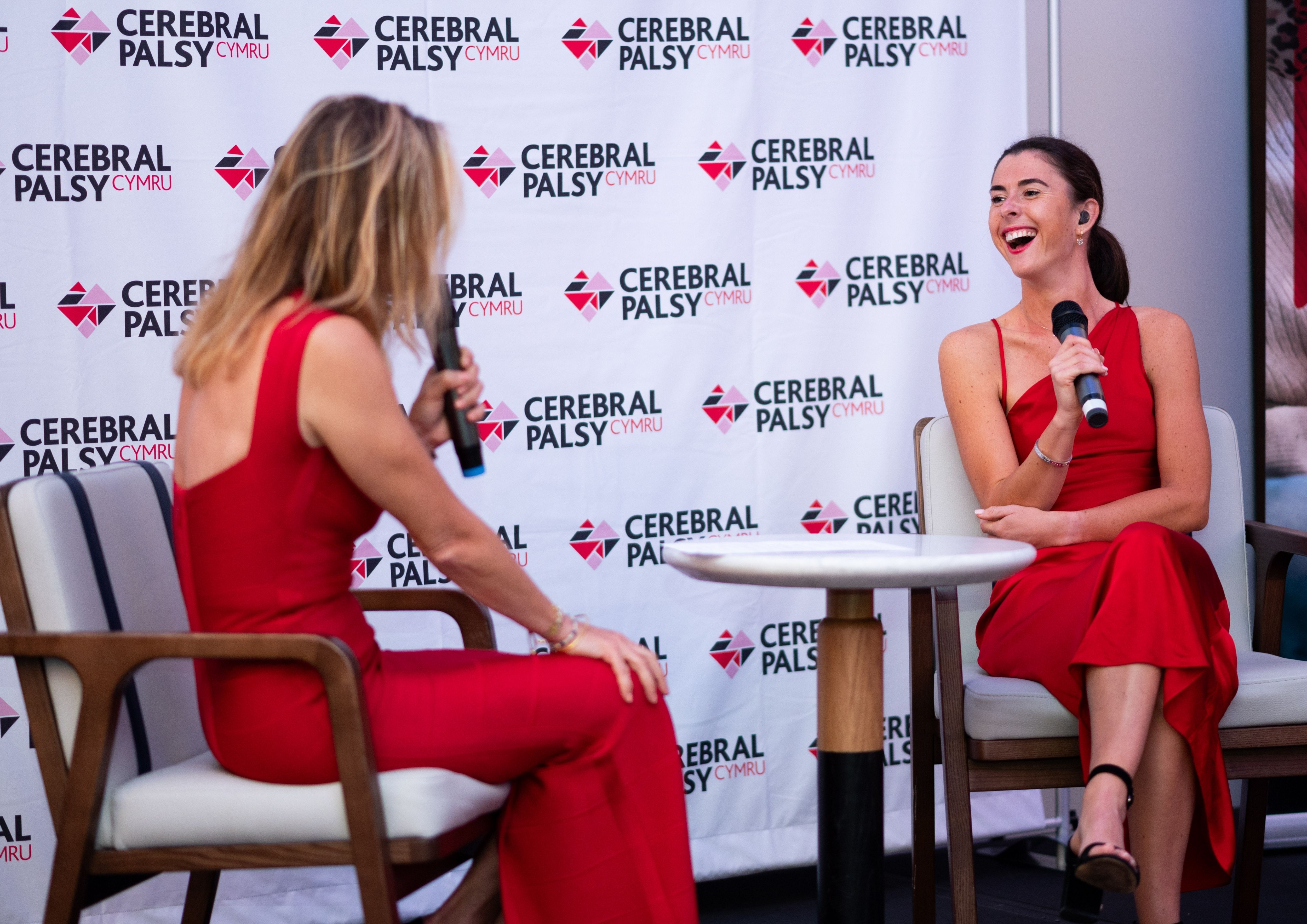 Photograph of Lowri Morgan interviewing Olivia Breen