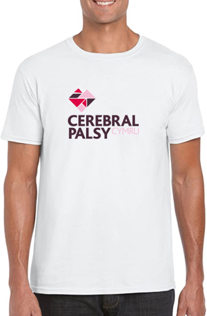 Photograph of our adult size Cerebral Palsy Cymru Tshirt (White with Cerebral Palsy Cymru Logo).