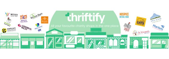 Branded thritify logo, with green graphic of different shop buildings. The graphic is surrounded by logos of charities that thriftify collaborate with.