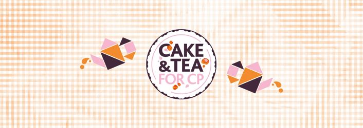 Cake & Tea for CP graphic. Checkered background with two tangram teapots.