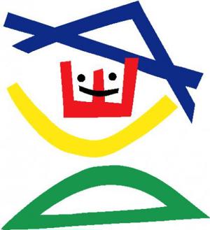 Abstract logo with blue, red, yellow and green shapes. In the middle is a black smiley face.