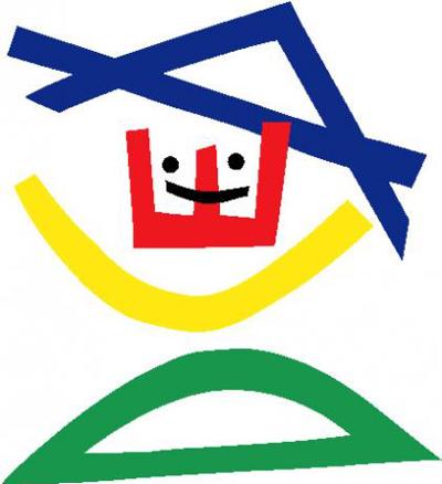 Abstract logo with blue, red, yellow and green shapes. In the middle is a black smiley face.